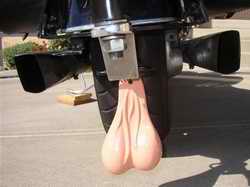 Bulls balls hanging off motor bike